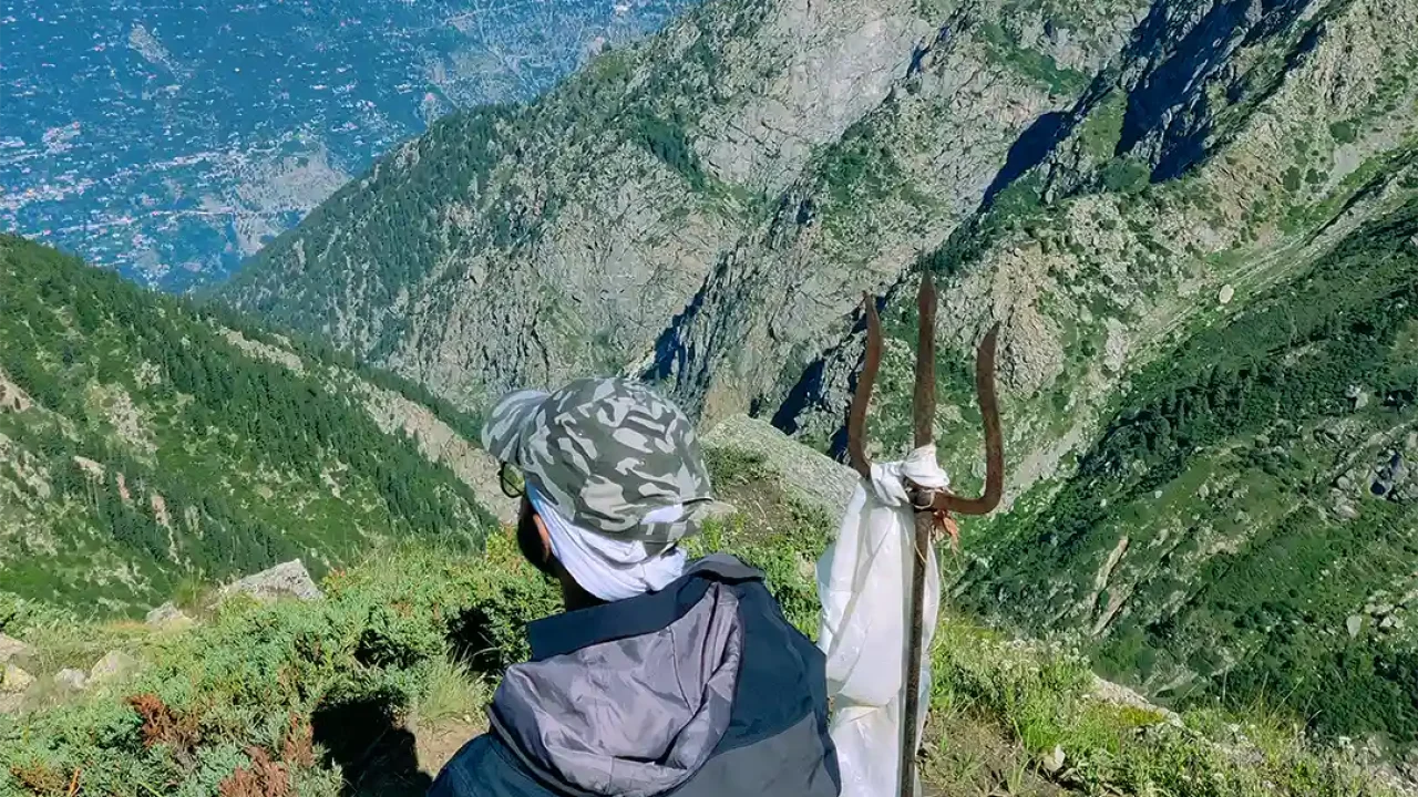Sitting with Trishul at Kinnar Kailash Trek kinnar kailash yatra